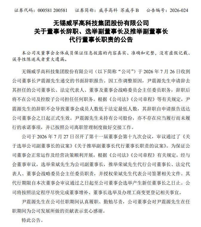 威孚高科:董事长尹震源辞去董事长、法定代表人等职务 威孚高科:董事长尹震源辞去董事长、法定代表人等职务