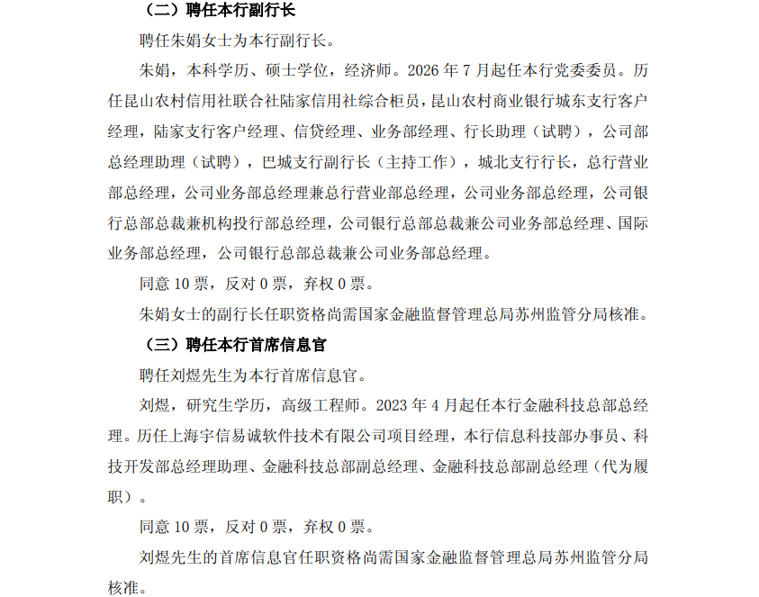 【金融人事】常熟银行：聘任朱娟为副行长、刘煜为首席信息官（附简历）