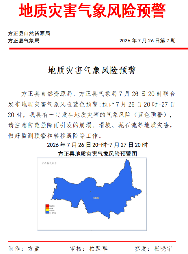 方正县发布地质灾害气象风险预警