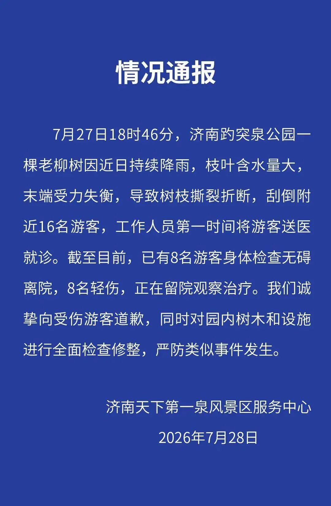 济南趵突泉景区致歉，8名轻伤游客正在留院观察治疗