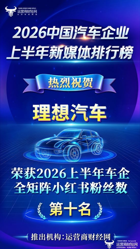 理想汽车列“2026上半年知名车企全矩阵小红书粉丝数”第十名 不如小鹏和蔚来