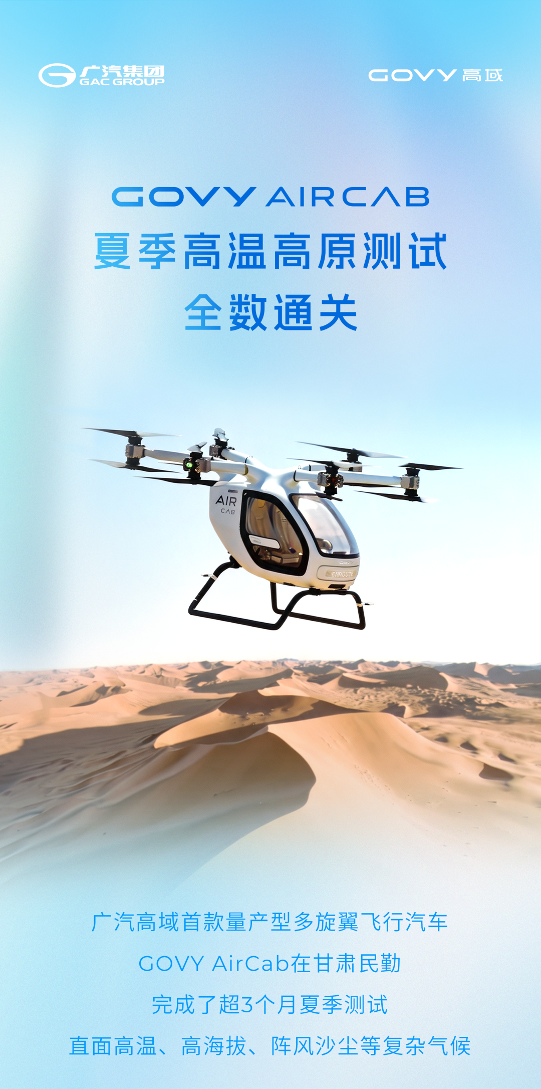 广汽集团：GOVY AirCab 飞行汽车完成超 3 个月夏测，扛住 50℃ 暴晒、狂风沙尘