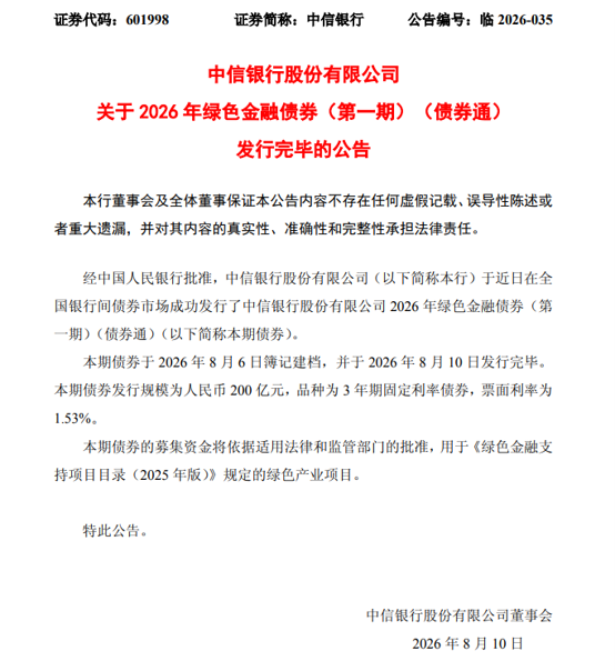 中信银行：成功发行200亿元绿色金融债券