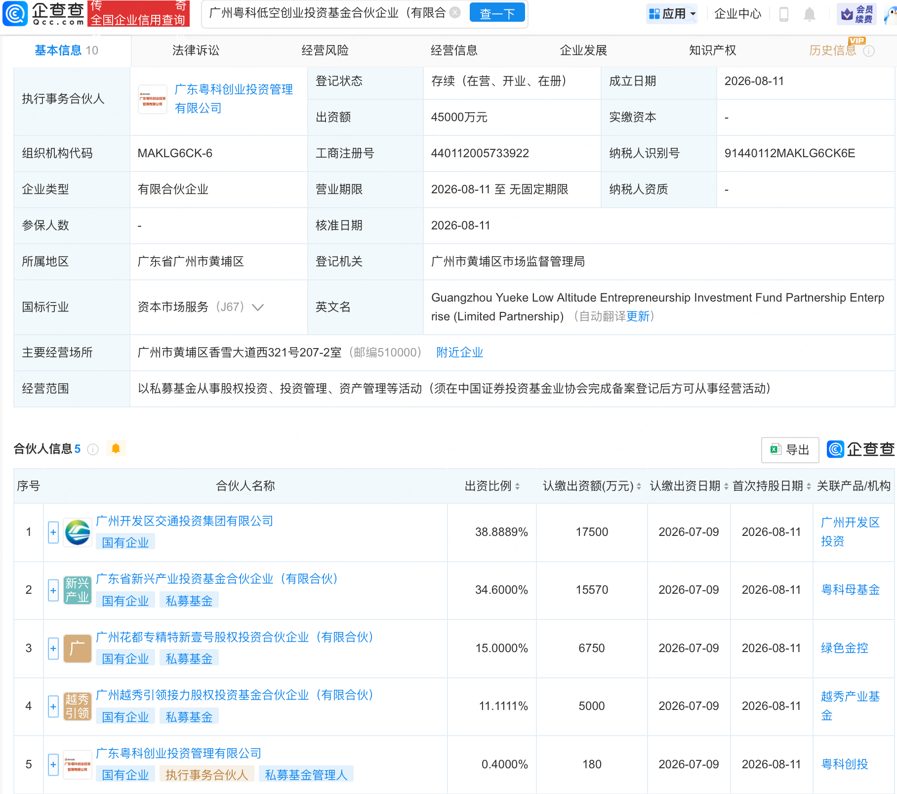 广州国资等成立粤科低空创投基金