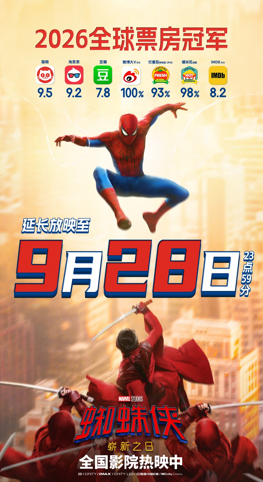 漫威索尼《蜘蛛侠：崭新之日》官宣延长放映至 9 月 28 日，全球票房破 116 亿人民币拿下“票冠”