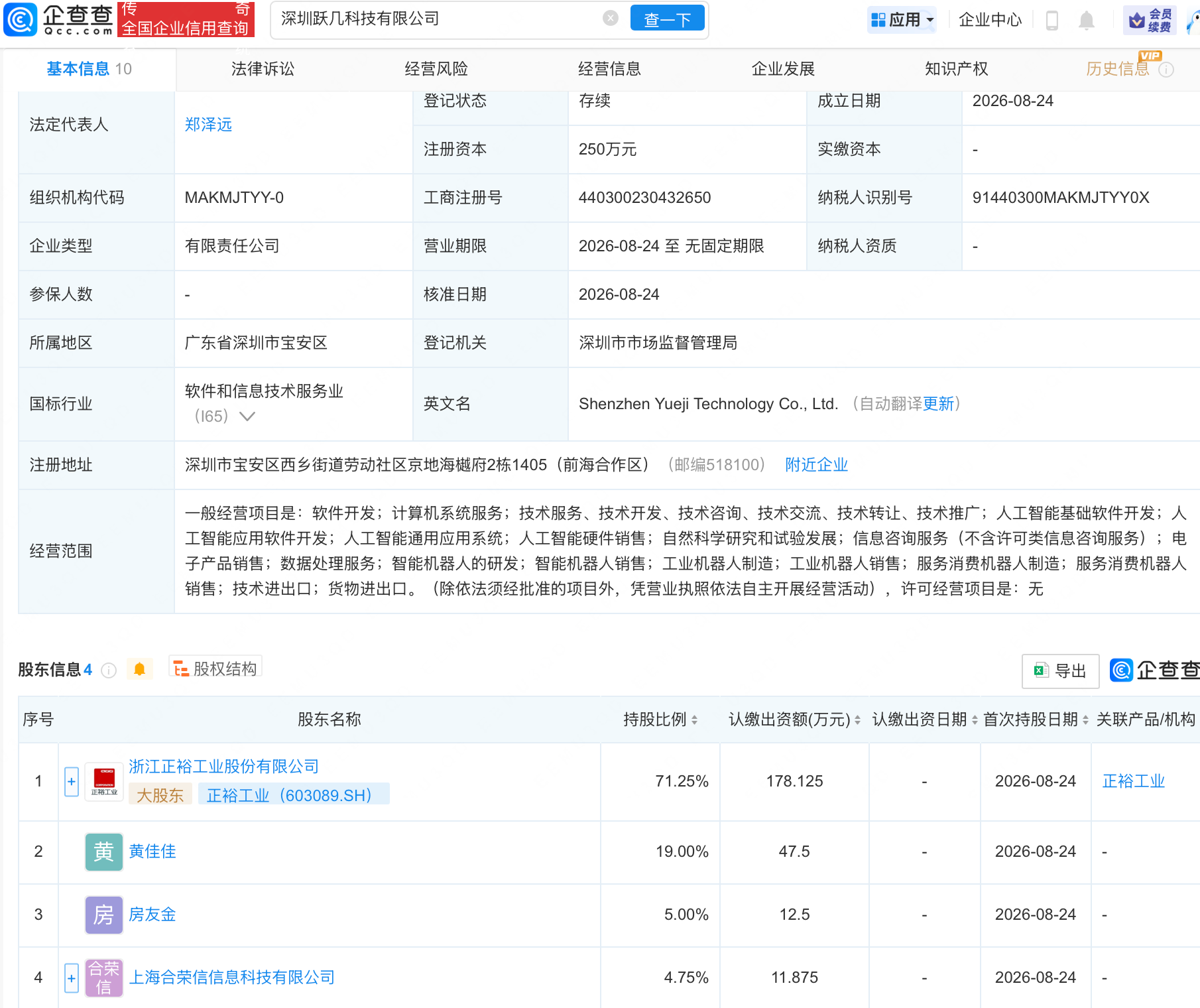 正裕工业等成立科技新公司，含多项AI业务