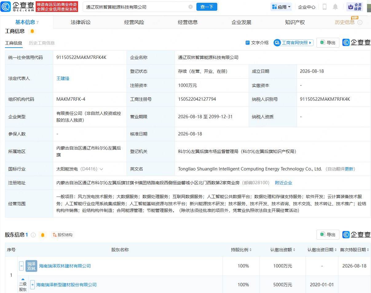 海南瑞泽成立智算能源科技公司 海南瑞泽成立智算能源科技公司
