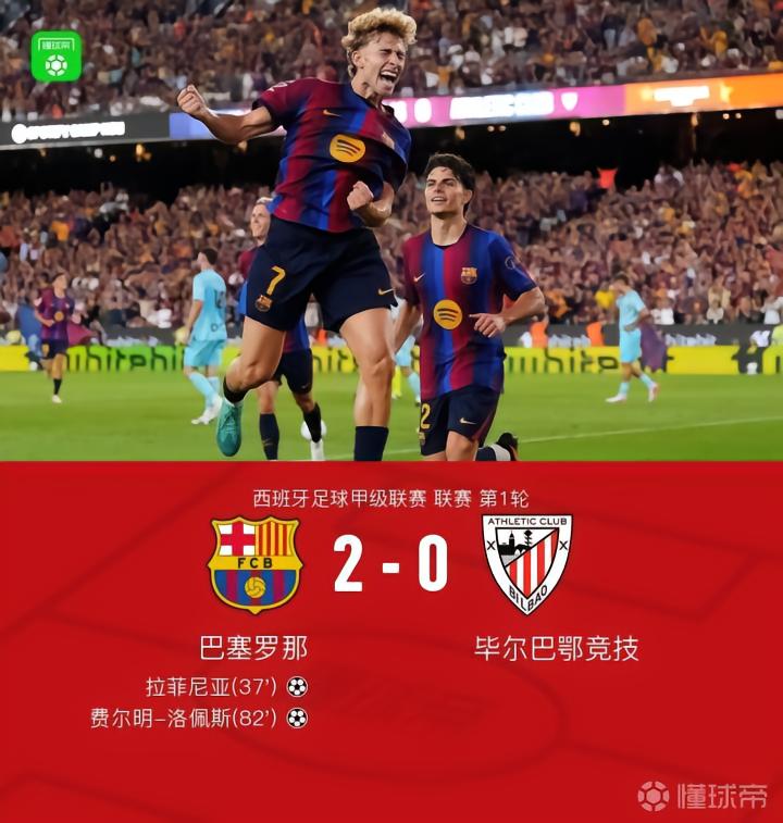 巴萨2-0完胜毕包，拉菲尼亚破门+两次中柱，费尔明破门