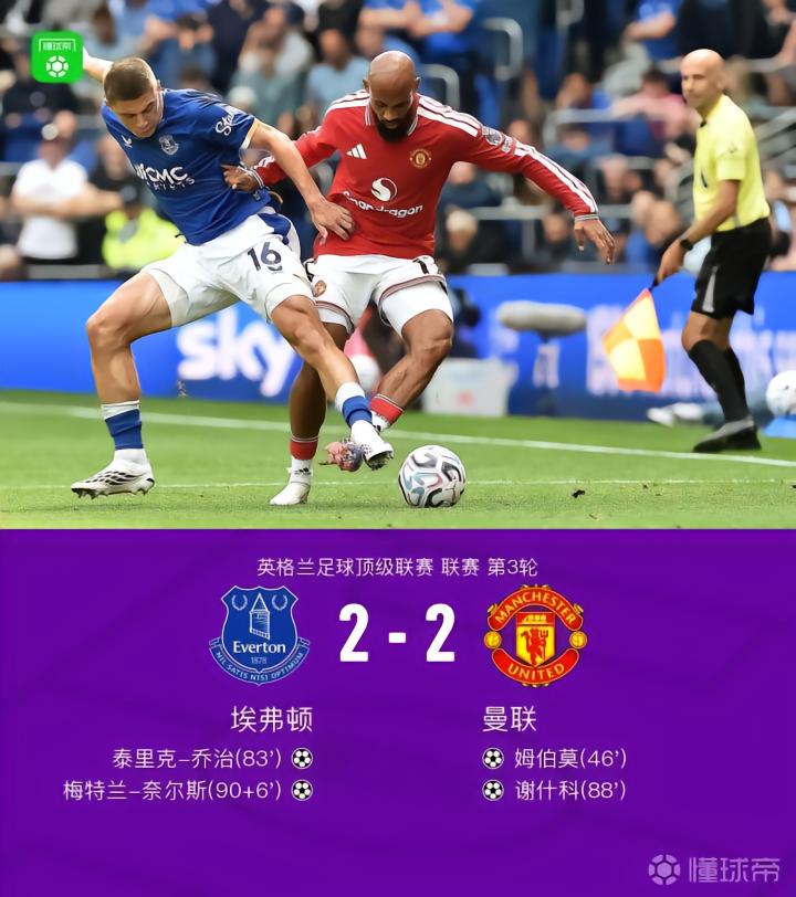 英超：曼联客场2-2埃弗顿，姆伯莫一条龙，奈尔斯世界波绝平
