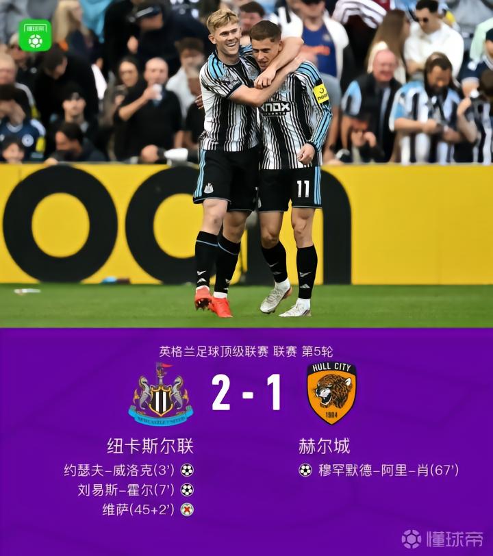 纽卡2-1赫尔城，威洛克、霍尔建功，维萨丢点