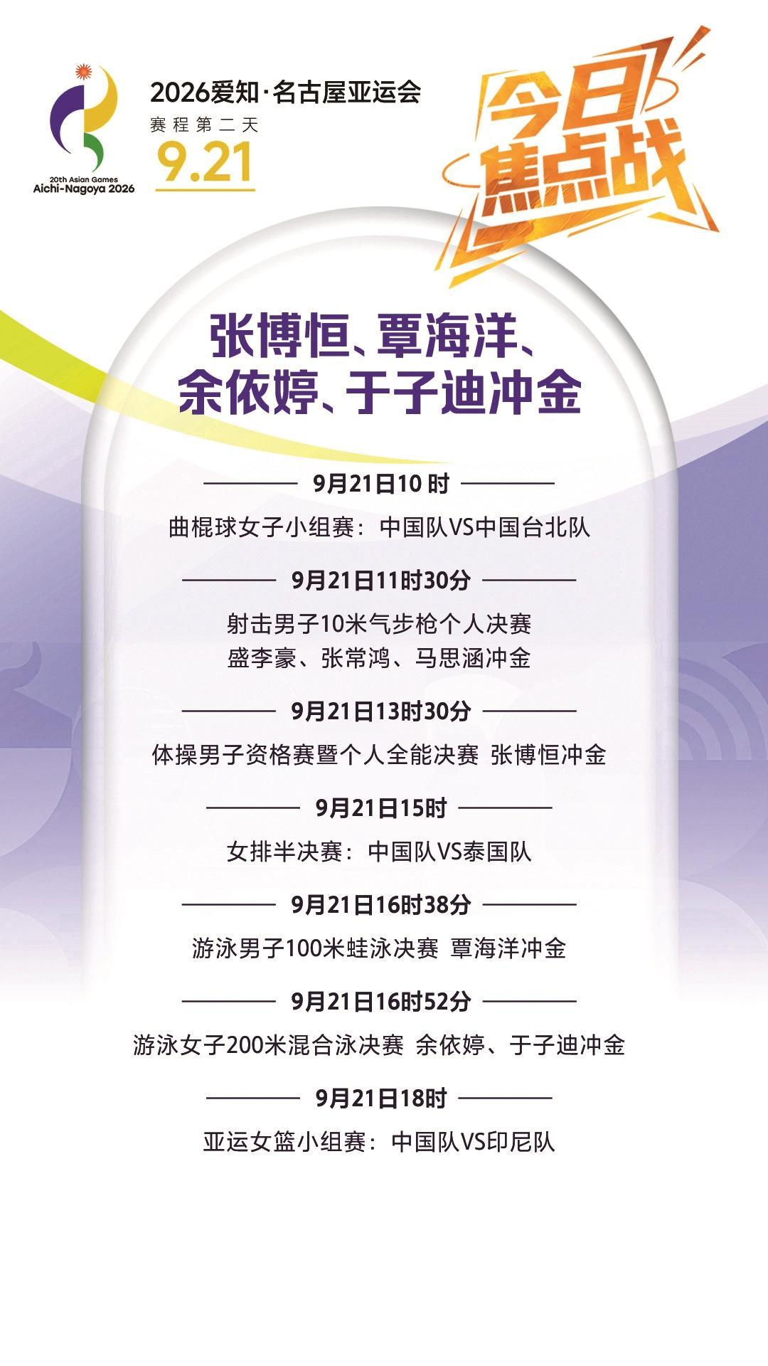 射击、体操、游泳轮番冲金 张博恒、覃海洋、余依婷、于子迪领衔焦点战