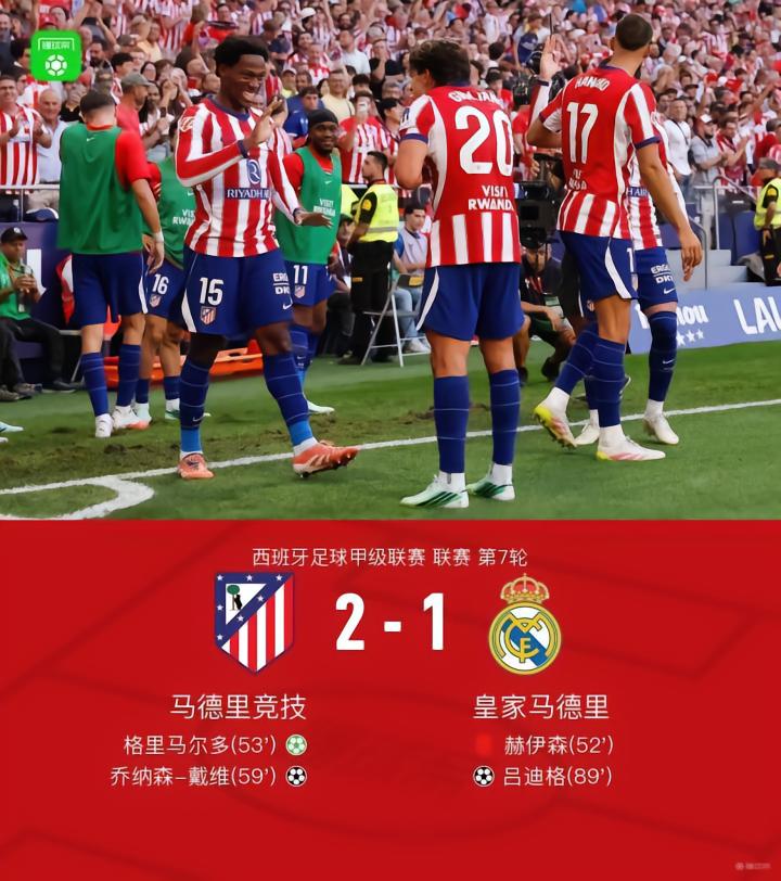 马竞2-1十人皇马，赫伊森送红点，格里马尔多、戴维破门