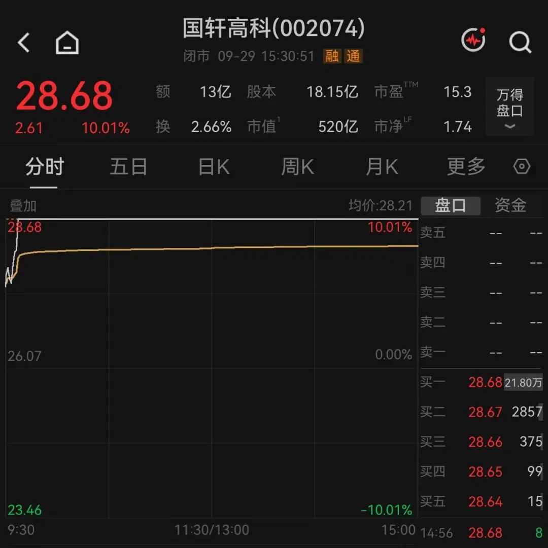10CM涨停！002074主力净买入近5亿