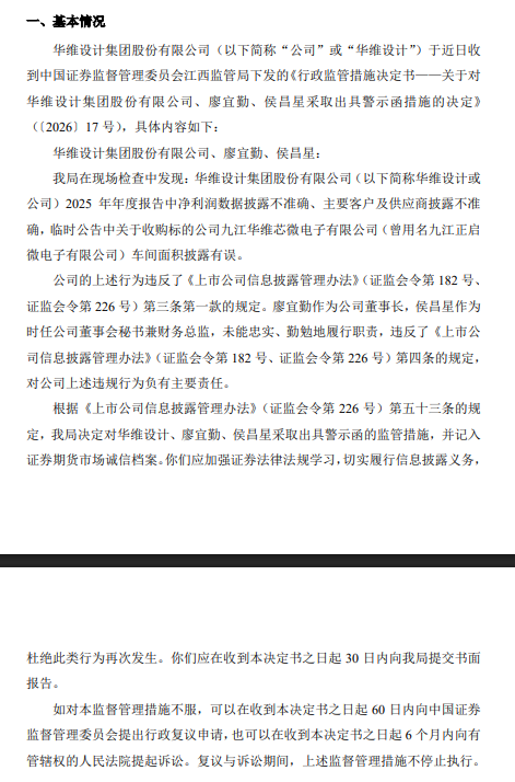 华维设计及两名高管因信披违规收到江西证监局警示函
