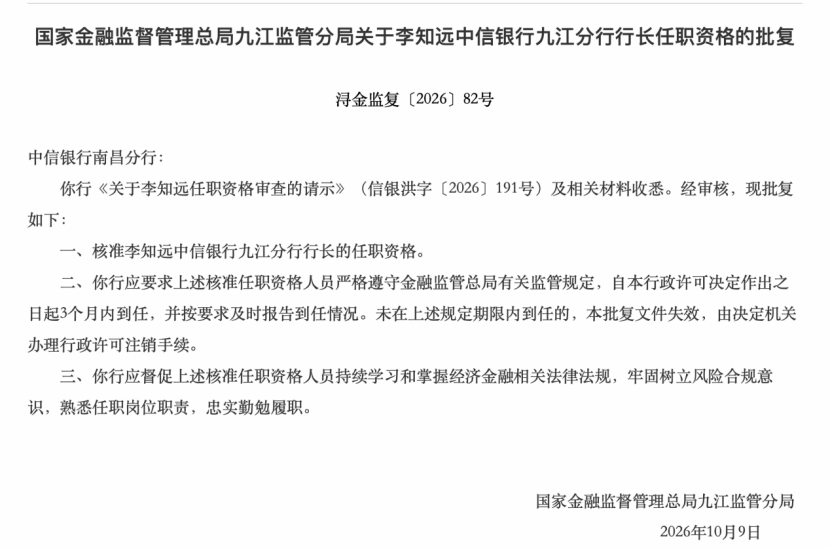 中信银行分行高管密集调整
