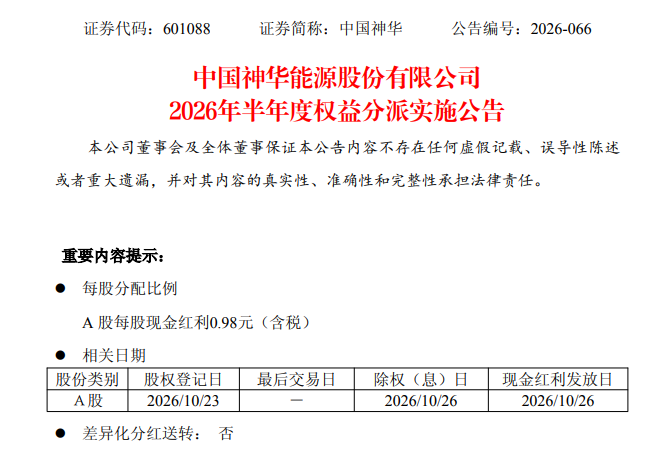 中国神华:2026年半年度A股每股派现0.98元 中国神华:2026年半年度A股每股派现0.98元