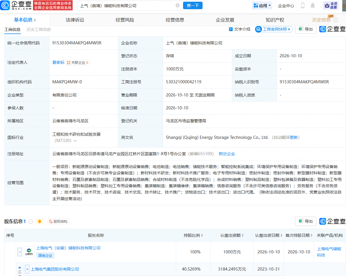 上海电气持股公司成立储能科技公司