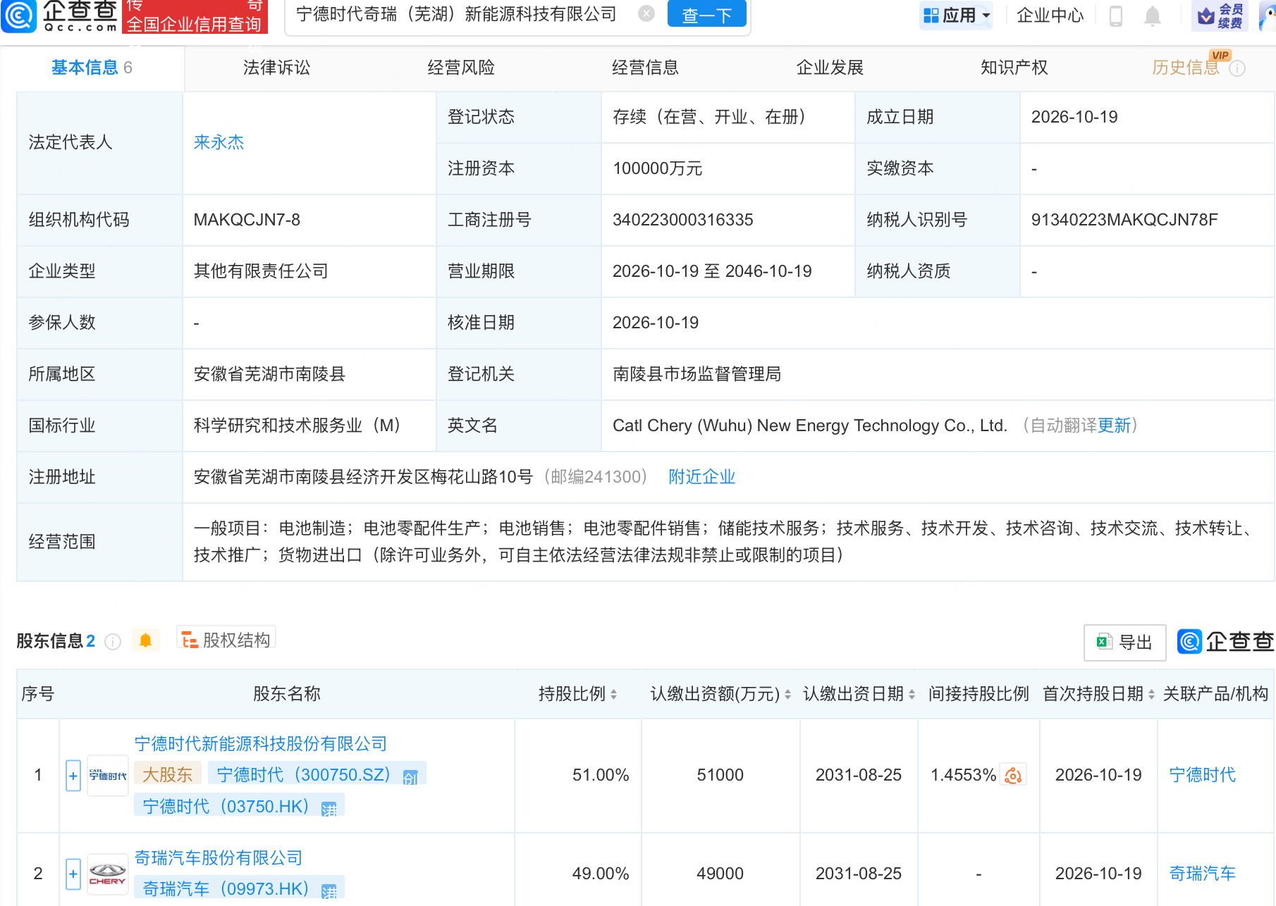 宁德时代、奇瑞汽车合资新能源公司，注册资本10亿