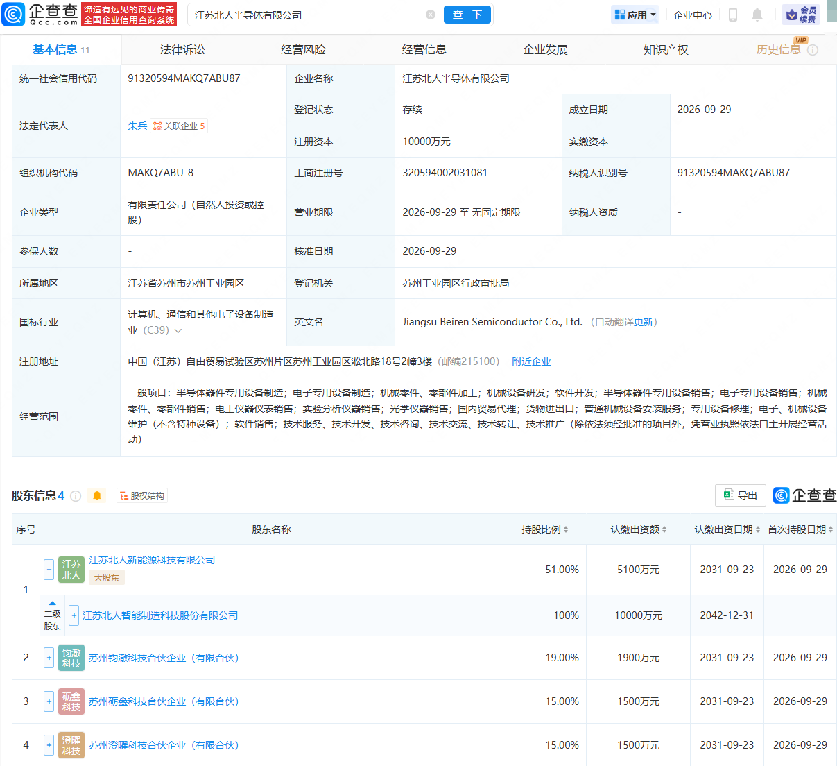 江苏北人等成立半导体公司,注册资本1亿元 江苏北人等成立半导体公司,注册资本1亿元