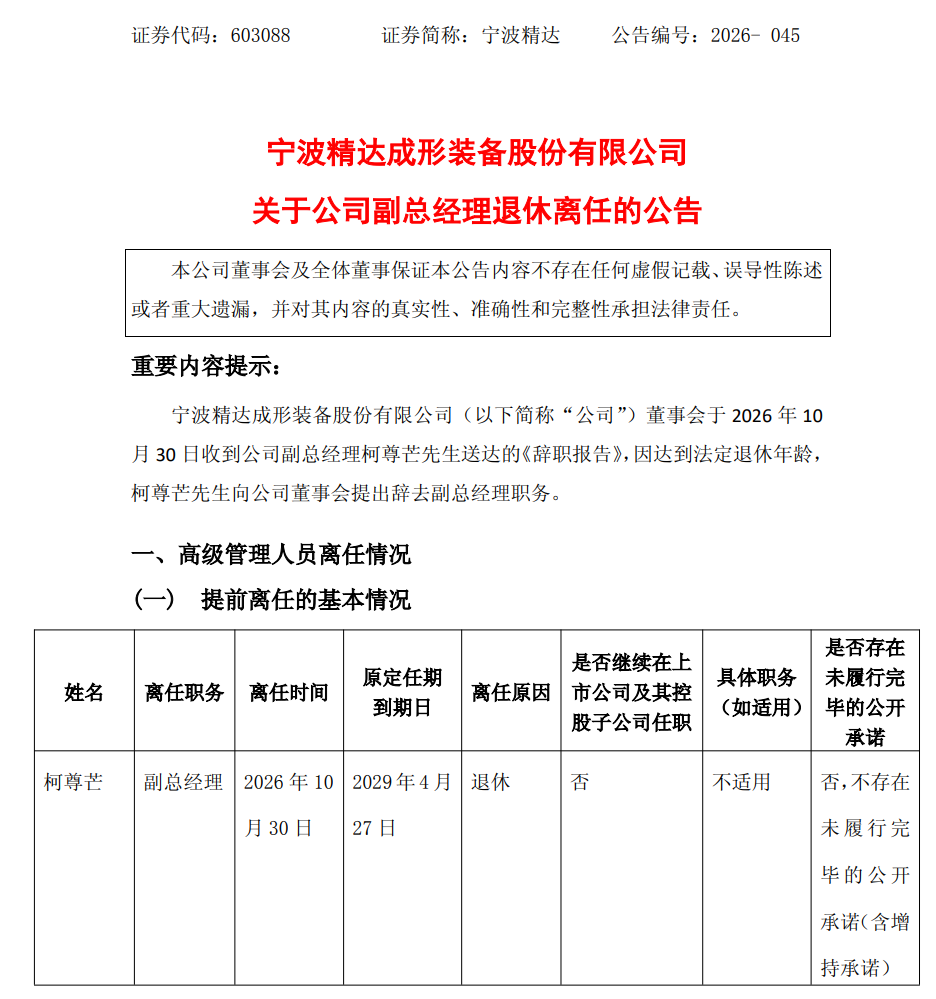 宁波精达：柯尊芒辞去副总经理职位