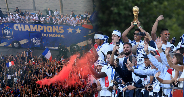 法国队举行夺冠游行 全民上街欢呼庆祝