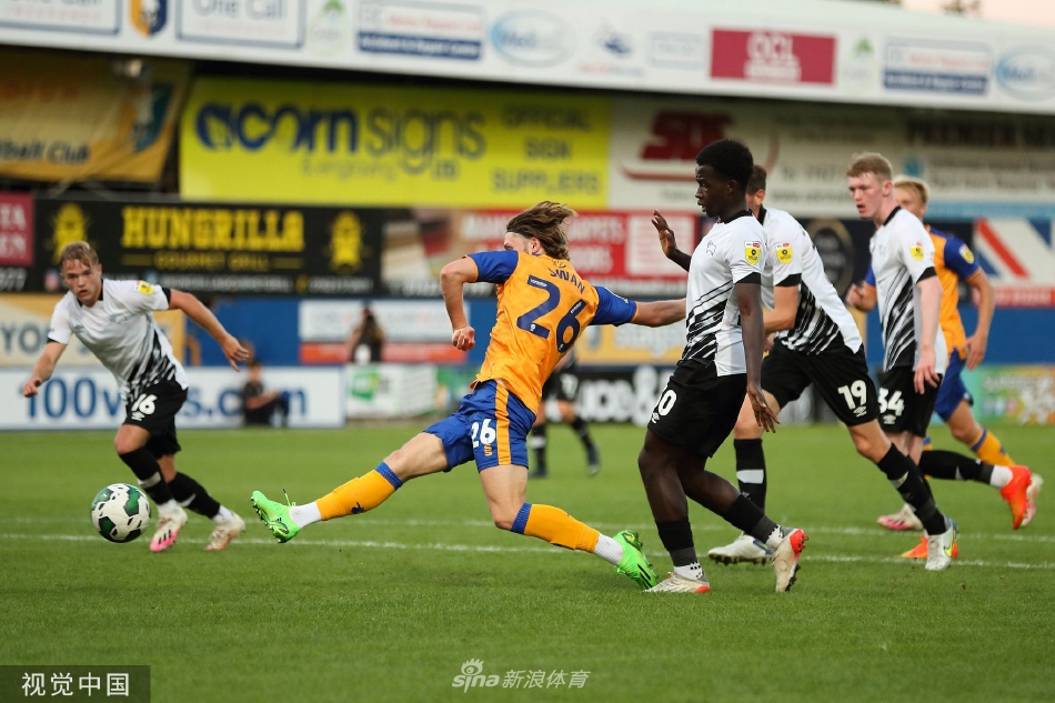 德比郡球员踢出绝杀世界波后张开双臂奔向角旗区疯狂滑跪庆祝，在绿茵场上划出胜利的轨迹，身后是呆若木鸡的对方门将与绝望的背影