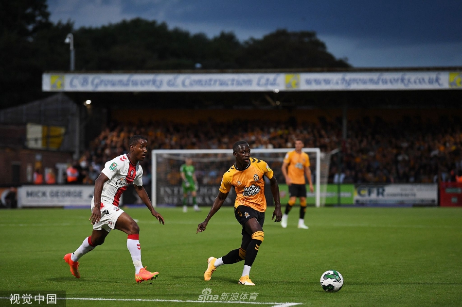 南安普敦球员围拢在一起激情庆祝进球，进球的切·亚当斯被队友们簇拥在中间，他们的笑容与身后看台上主场球迷失落的神情形成了鲜明对比。