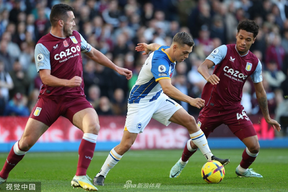 比赛结束后，维拉队员围成一圈相互致意，而背景中布莱顿球员低头离场，形成鲜明对比