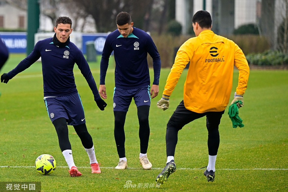 哲科与劳塔罗并肩站立聆听教练指导，一老一少的锋线组合诠释着蓝黑军团的传承与希望