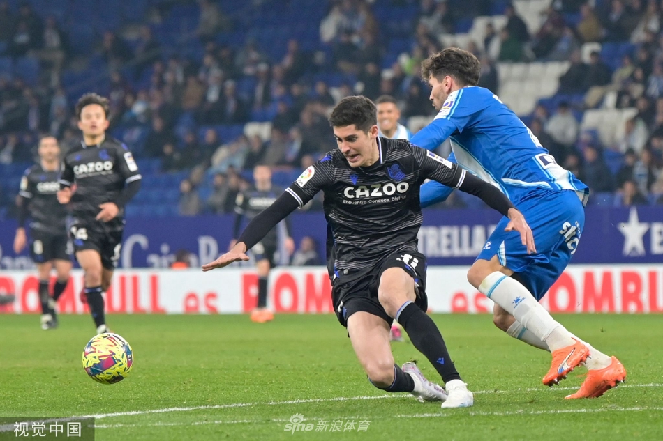 看台上主队西班牙人球迷高举围巾，为球队呐喊助威，场面壮观。