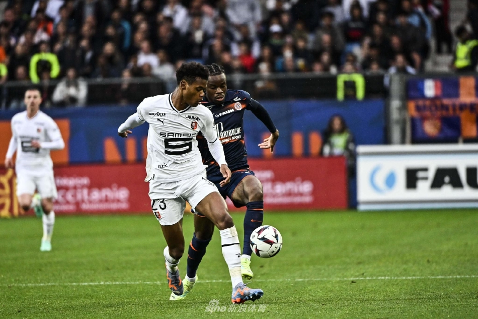 雷恩队边锋多库带球快速突破，蒙彼利埃防守球员紧追不舍，两人在边线附近展开速度较量。