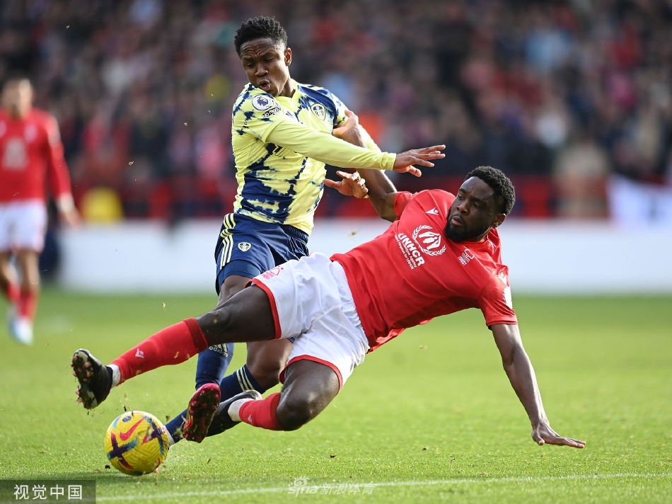 森林队球员与利兹联锋线球员在边线附近激烈拼抢，人仰马翻场面火爆，生动展现了英超比赛的高强度对抗。