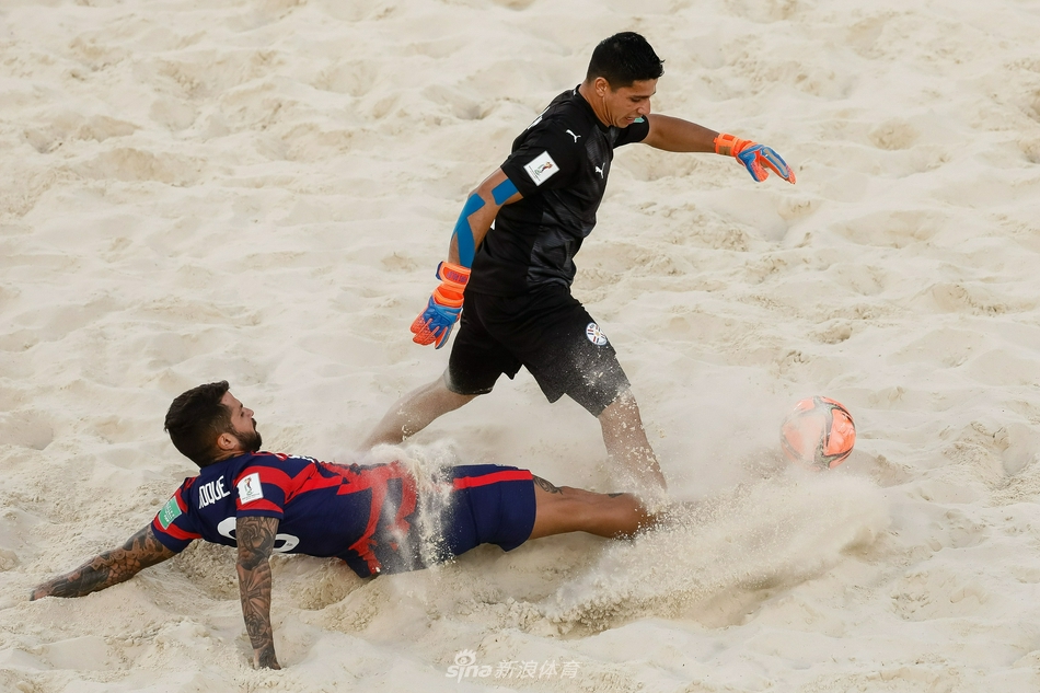 双方球员在球门线上争抢一个高空球，乱作一团，沙土飞扬，彼此的手臂纠缠在一起，比赛的激烈程度可见一斑。