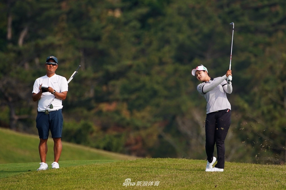 球员使用短铁杆进行攻果岭的一击,动作流畅稳定,目光紧盯着空中飞翔的小白球,评估其落点。