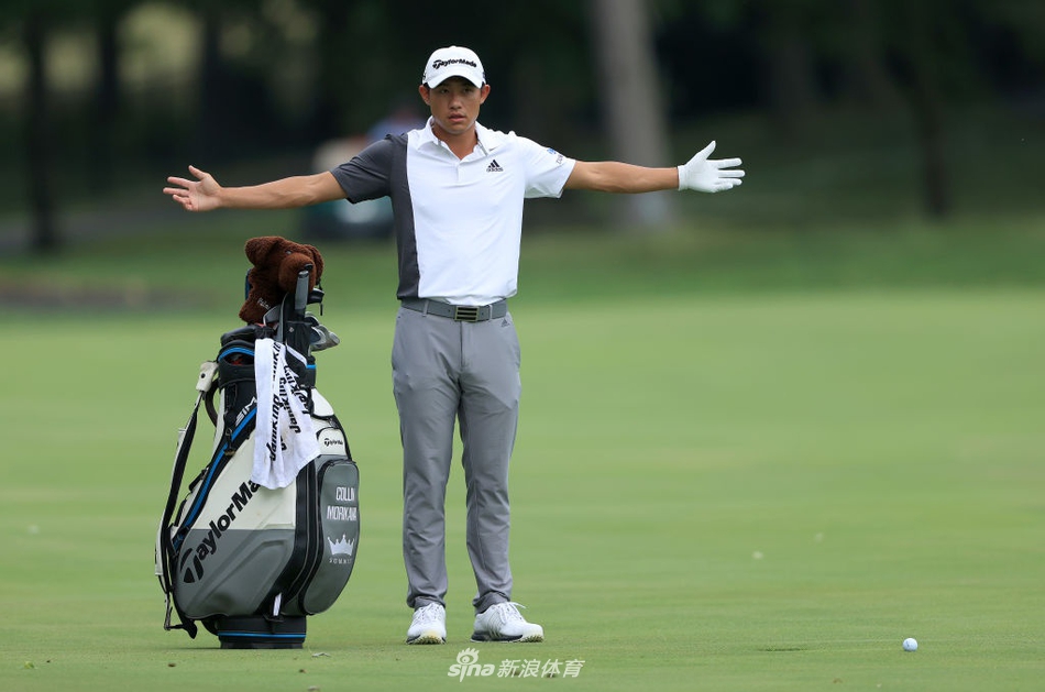 松山英树在果岭上细致入微地阅读推杆线路，帽檐下的眼神专注而坚定。