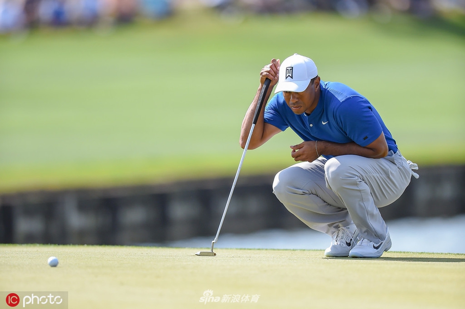 比赛关键时刻，伍兹凝神思考下一杆策略，阳光洒在他的脸上，勾勒出坚毅的轮廓。