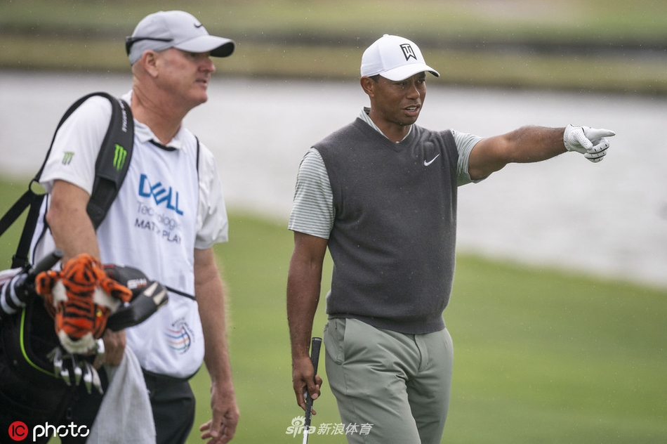 伍兹在第十八洞果岭俯身仔细查看推杆线路，争夺晋级资格