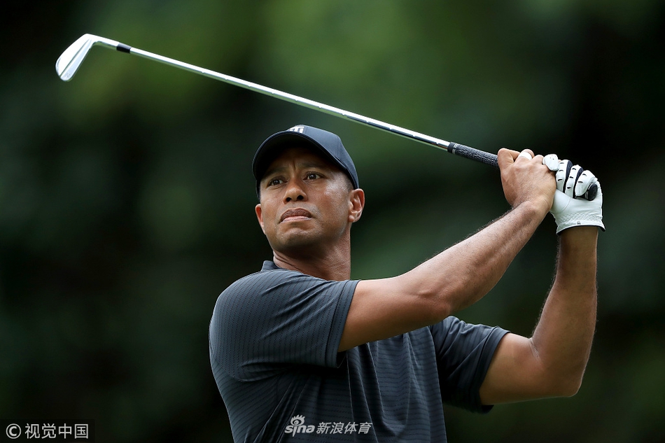 伍兹在球道上挥杆击球，动作流畅而稳定，背景中的绿树与天空构成一幅宁静而专注的运动画面