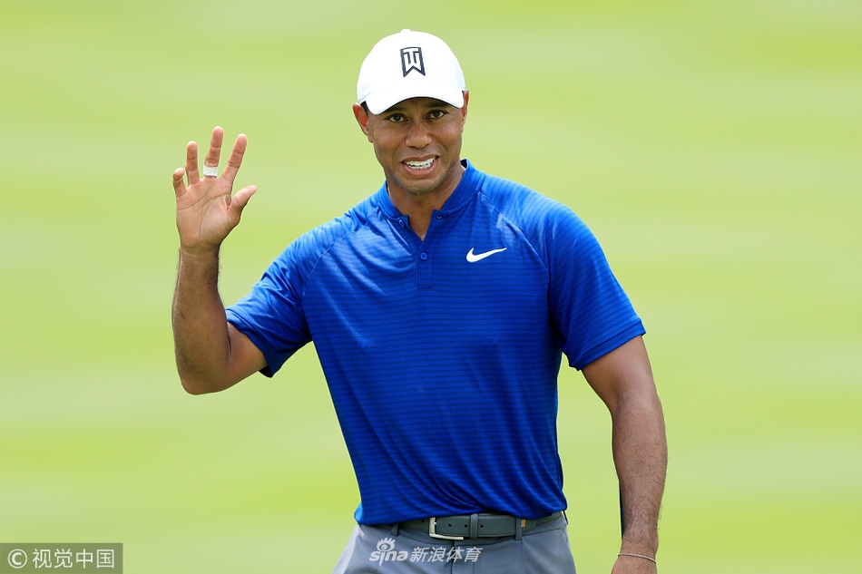 老虎伍兹在火石乡村俱乐部第九洞果岭旁凝神观察推杆线路,神情专注