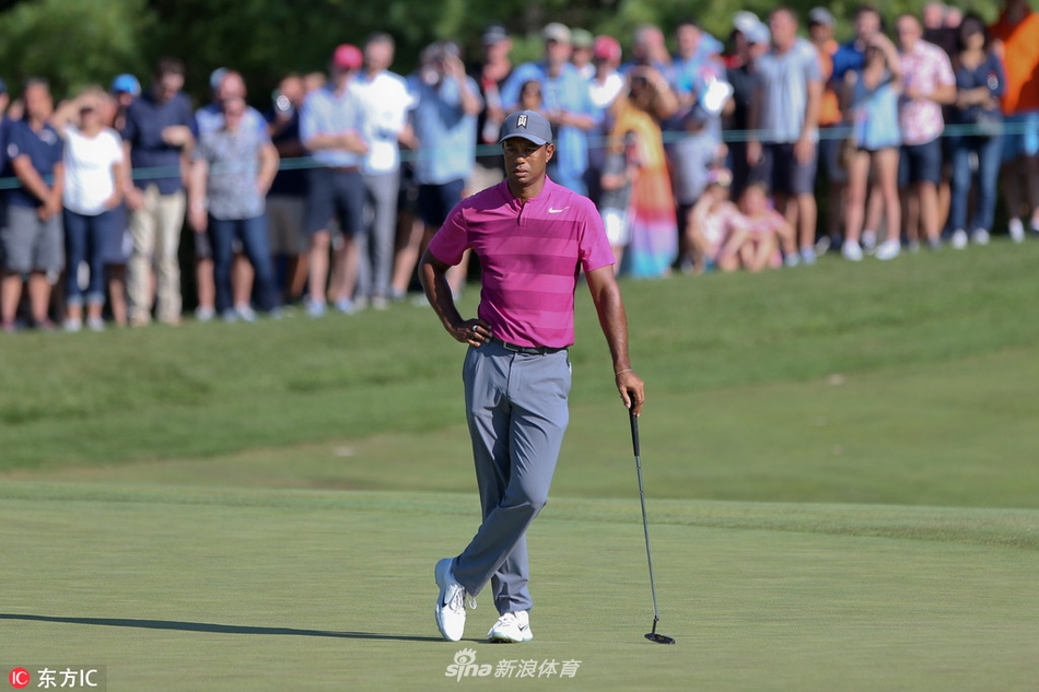 伍兹在果岭上俯身轻柔地将球从洞杯中取出，动作优雅，神情专注而平和