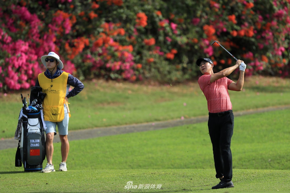 张新军正在果岭上俯身仔细阅读推杆线路,表情沉着冷静,展现了职业球员对细节的极致追求。