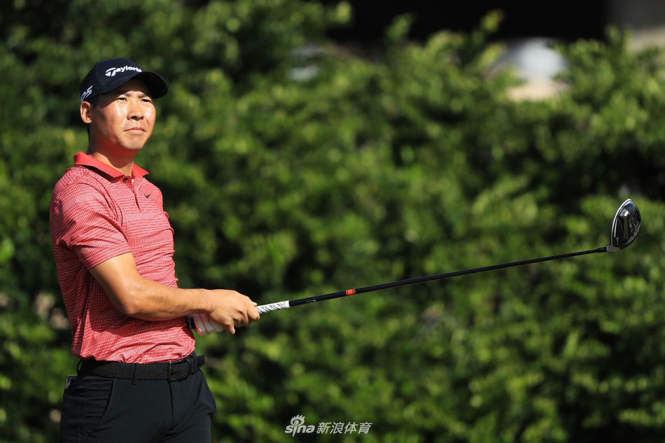 张新军正在瓦伊莱乡村俱乐部的球道上专注地观察落点,远处是典型的夏威夷葱郁景观与湛蓝天空。