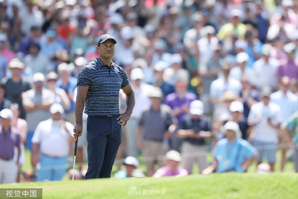 伍兹在球道上沉思，身影在阳光下被拉长，孤独而坚定地思考着下一杆的策略。