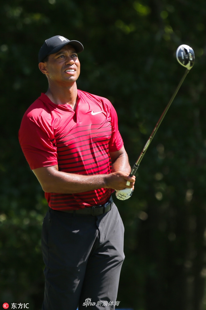 伍兹侧身站立，眺望远方的果岭，微风拂过球场，画面宁静而充满力量。