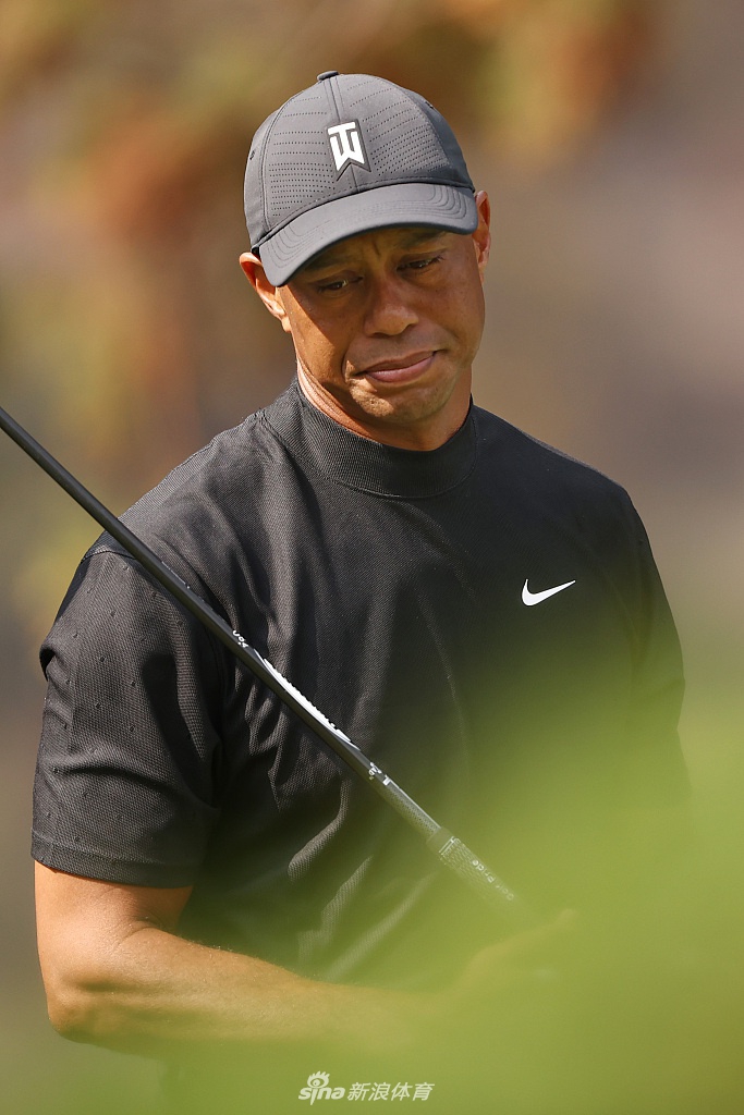 阳光透过树梢，伍兹完成一记挥杆后，保持着优雅的收杆姿势，目光紧随小球飞行轨迹。