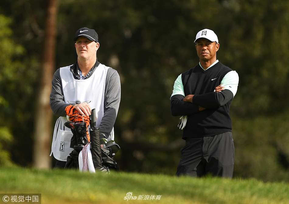 伍兹在全神贯注地推击,果岭起伏的线条与他的身影构成一幅充满张力的画面