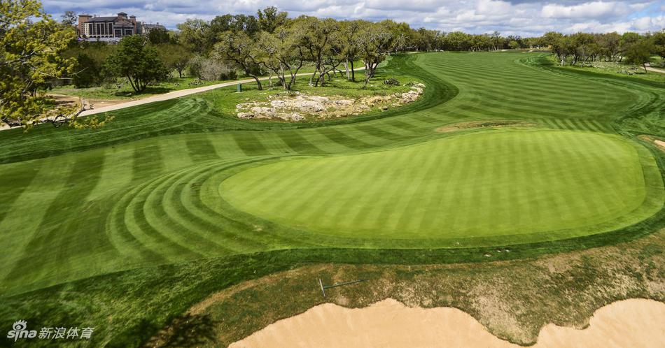 高尔夫球手在开阔的发球台上准备击球，背景是郁郁葱葱的球场与远山，充满静谧而专注的运动氛围