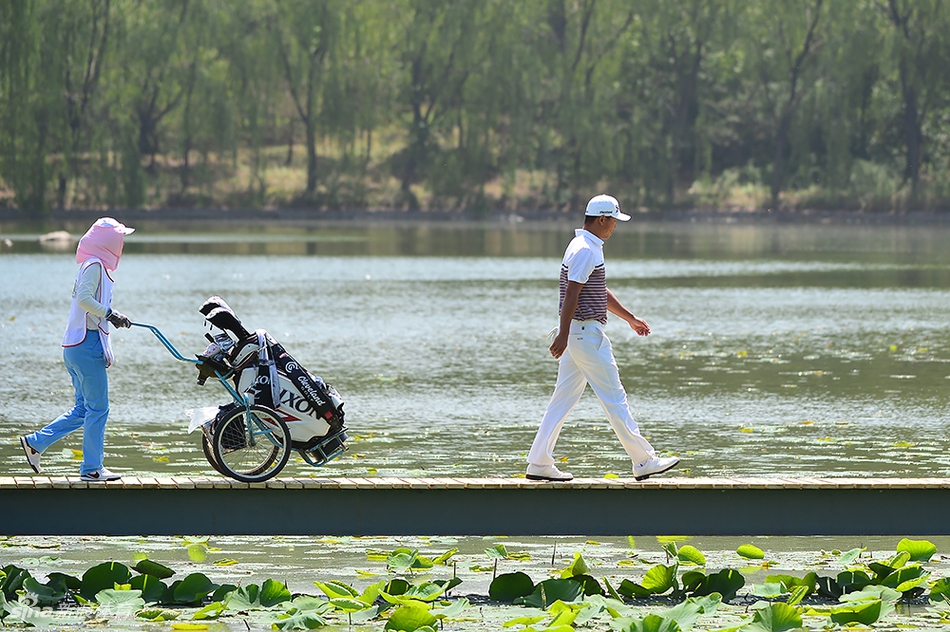 夕阳下的高尔夫球场全景，球手的身影与拉长的影子投射在如画的风景中，宁静而富有诗意