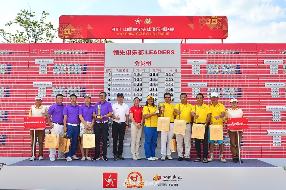 球员在风景如画的球道上专注挥杆，白色小球划破天际飞向果岭