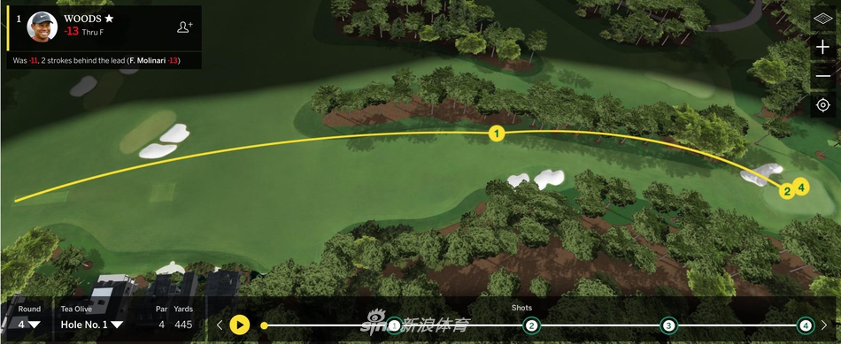 开局第一洞，泰格·伍兹在茶橄榄球道凝神击球，开启史诗逆转的第一杆。